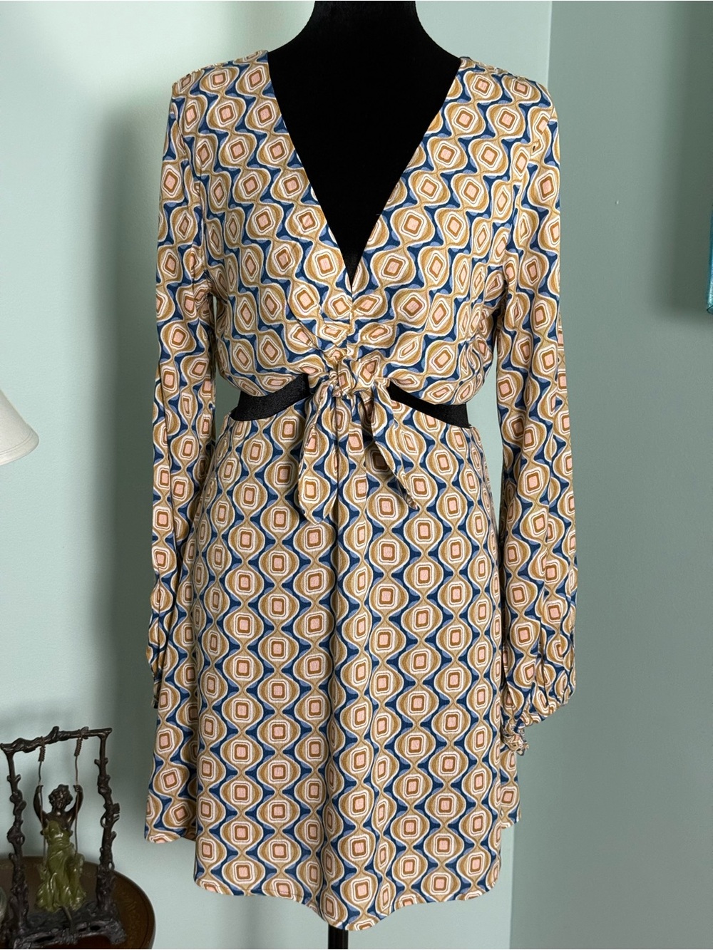 Shop Neighbor Geometric Long-Sleeve Tie-Front Dress in Blue & Tan Size S